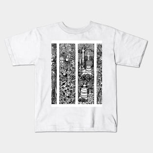 Forest Life Theme of Four Illustrative panels is a Composition of trees, leaves, vines, tribal people Kids T-Shirt